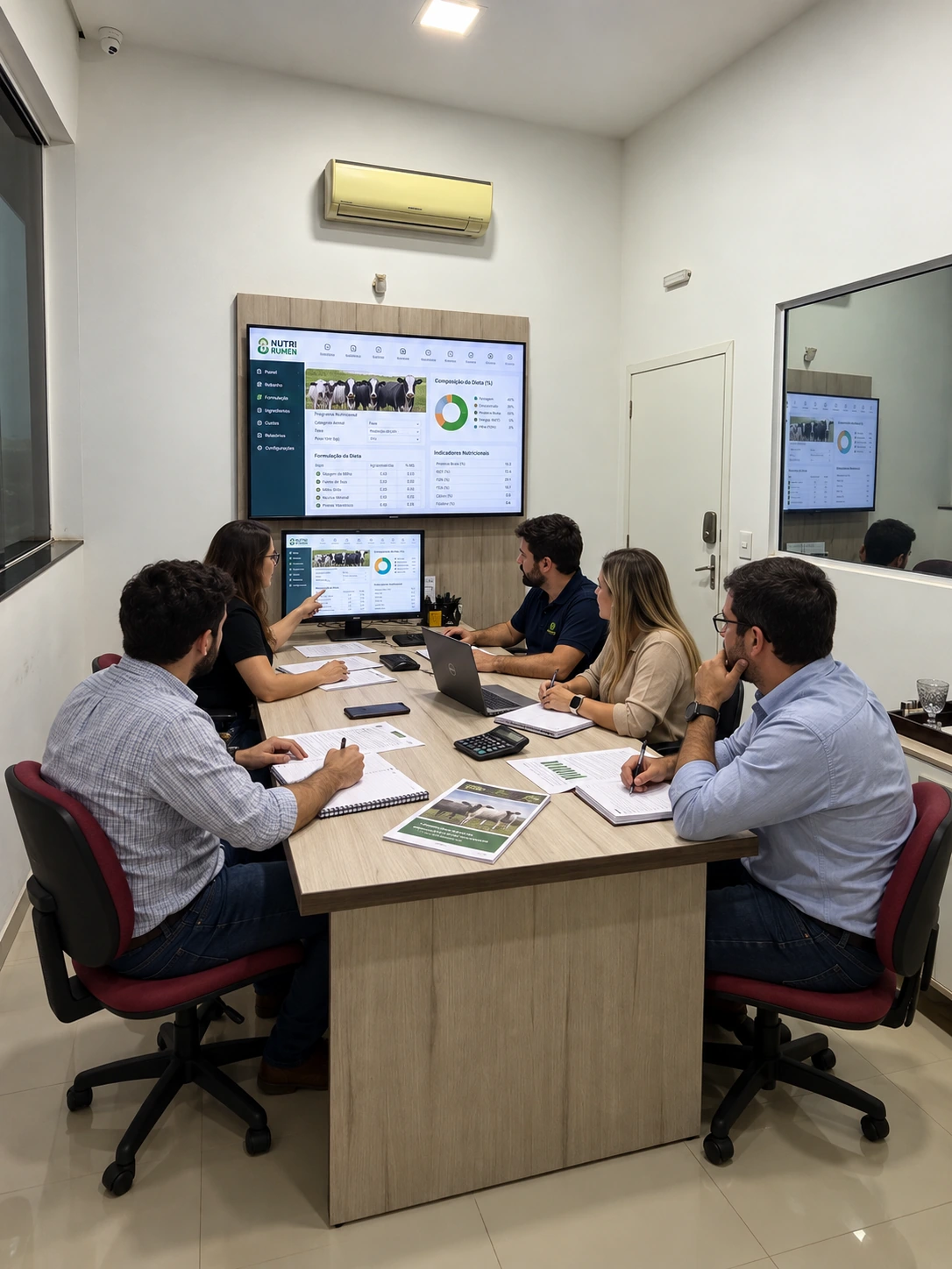 Equipe reunida analisando um programa nutricional nas telas